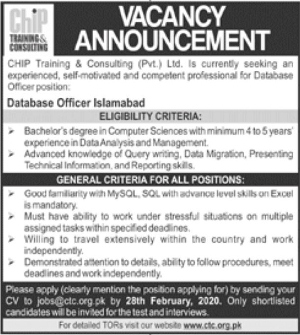 Chip Training & Consulting (Pvt) Ltd Jobs 2020 for Database Officer in